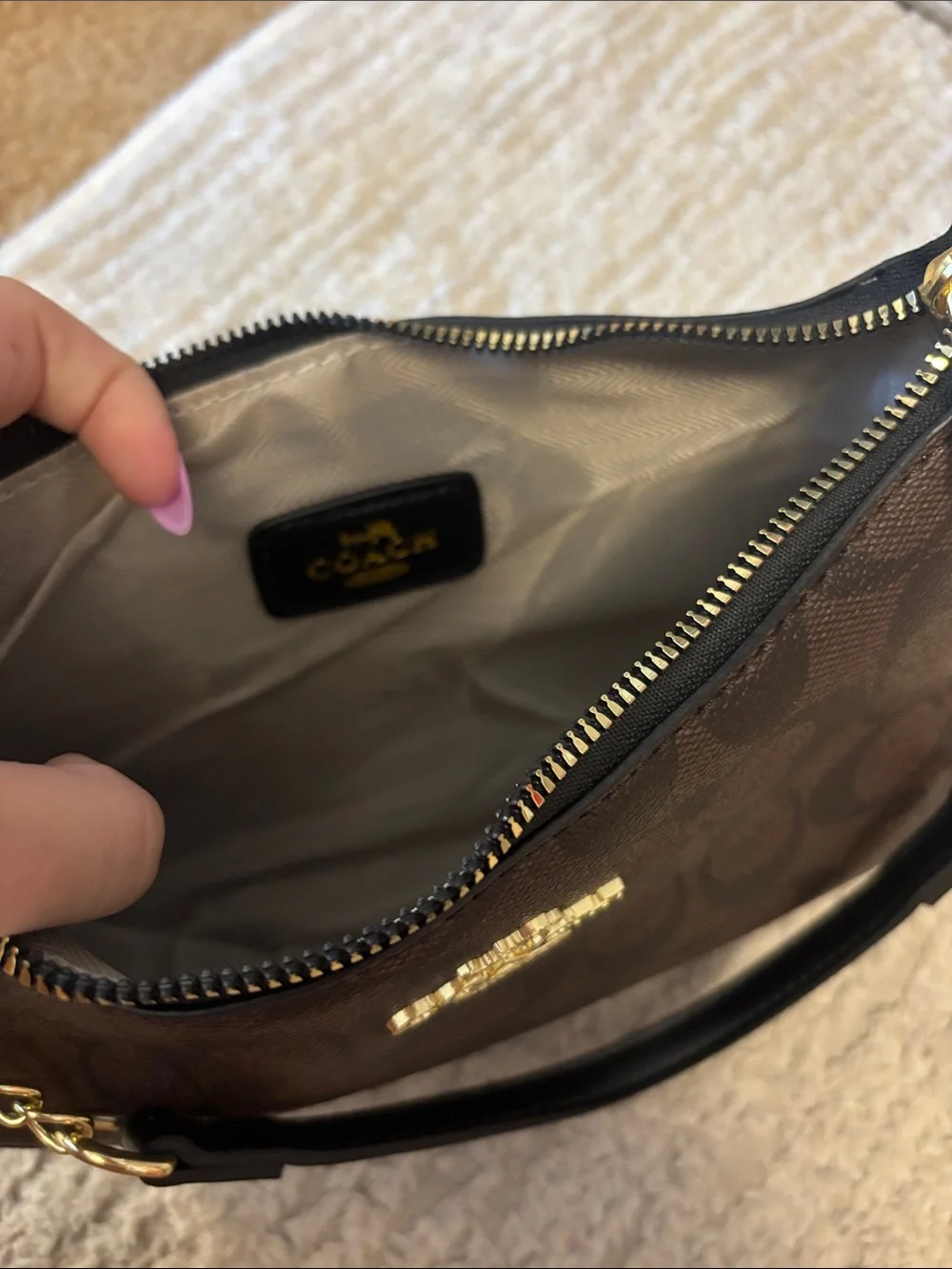 Coach Terri Dark Brown Signature Chain-Trim Shoulder Bag